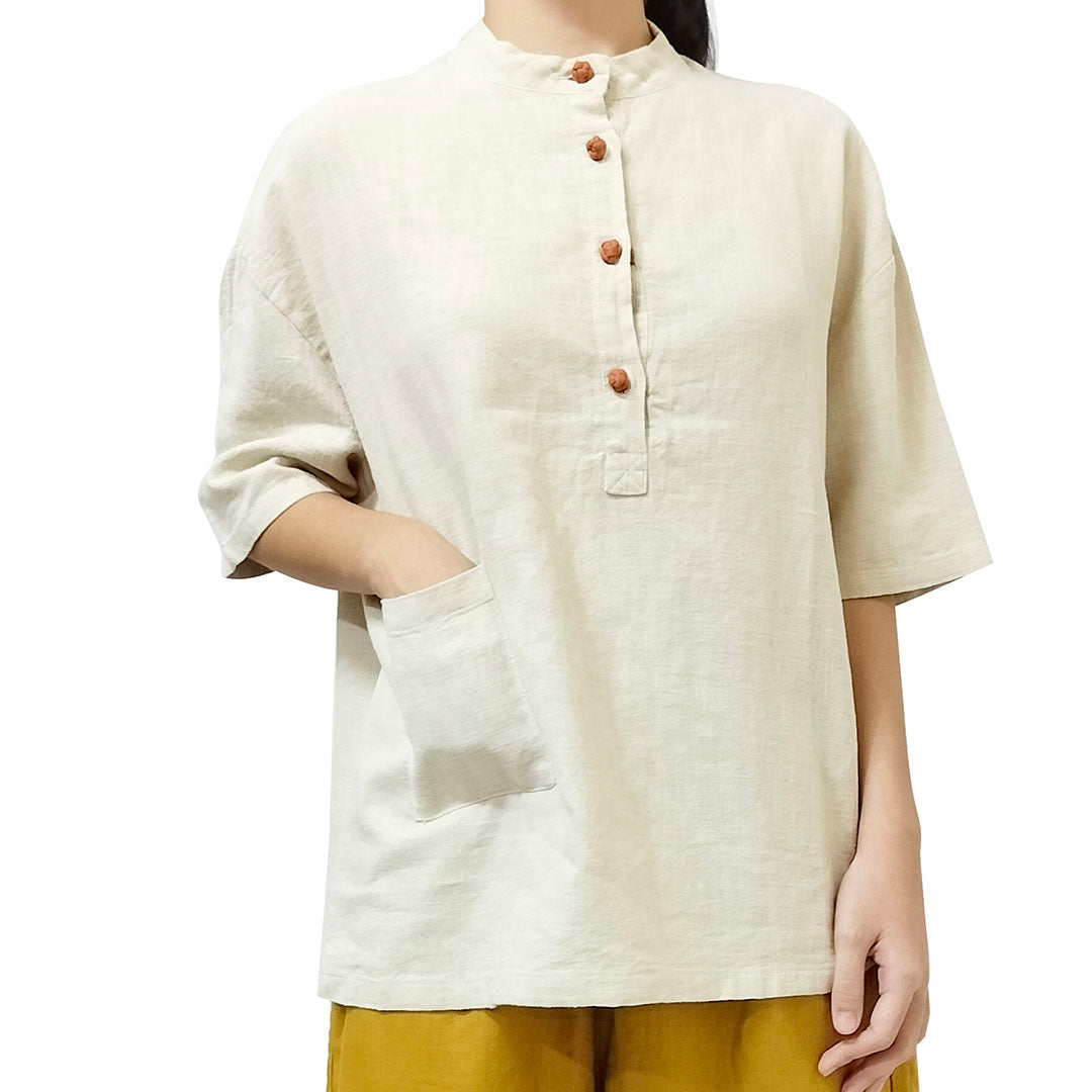 2025 New cotton-linen women's clothing, linen stand-collar color-blocking button-up pullover, plus-size women's cotton-linen shirt