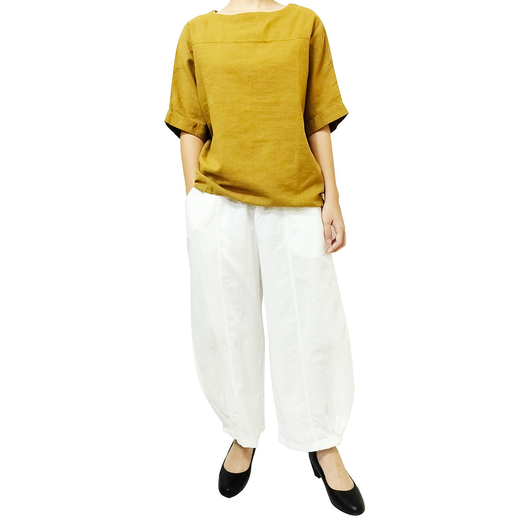 New Women's Cotton Linen Clothing: Vintage Loose-Fit Lightweight Sand-Washed Round Neck Patchwork Short-Sleeve Top in Cotton Linen.