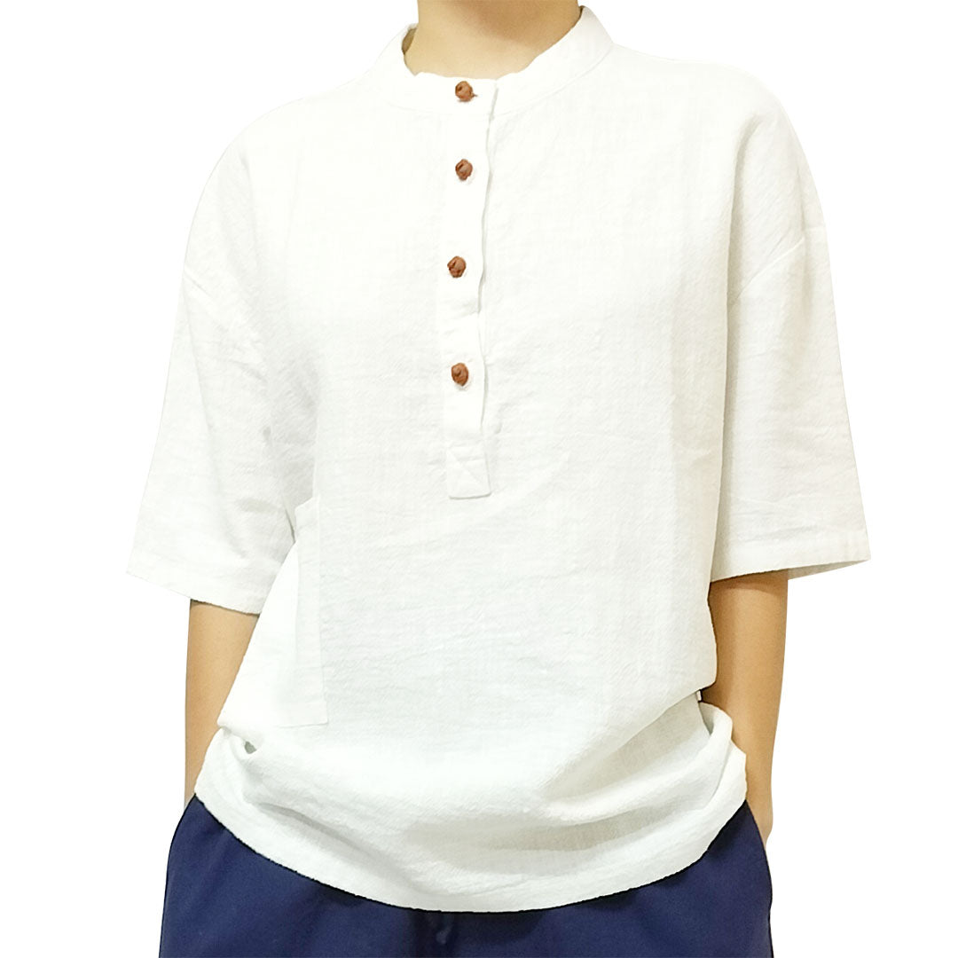 2025 New cotton-linen women's clothing, linen stand-collar color-blocking button-up pullover, plus-size women's cotton-linen shirt