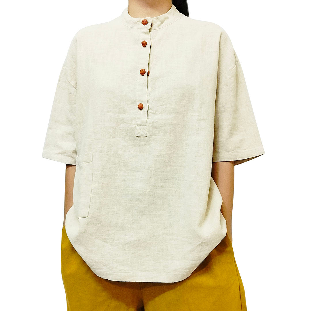 2025 New cotton-linen women's clothing, linen stand-collar color-blocking button-up pullover, plus-size women's cotton-linen shirt
