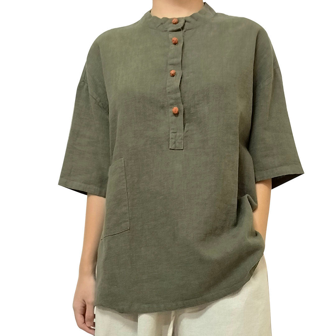 2025 New cotton-linen women's clothing, linen stand-collar color-blocking button-up pullover, plus-size women's cotton-linen shirt