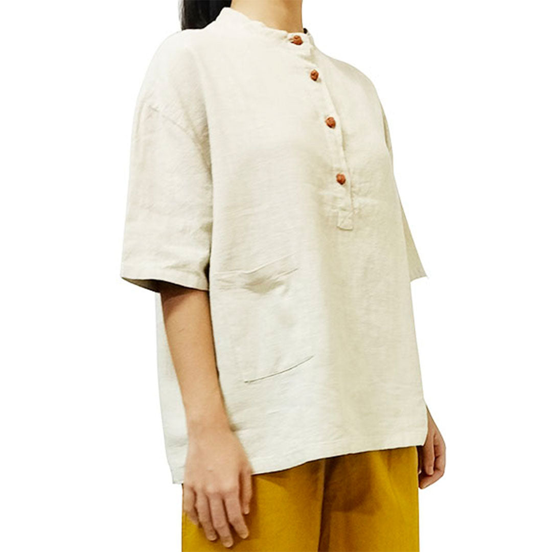 2025 New cotton-linen women's clothing, linen stand-collar color-blocking button-up pullover, plus-size women's cotton-linen shirt