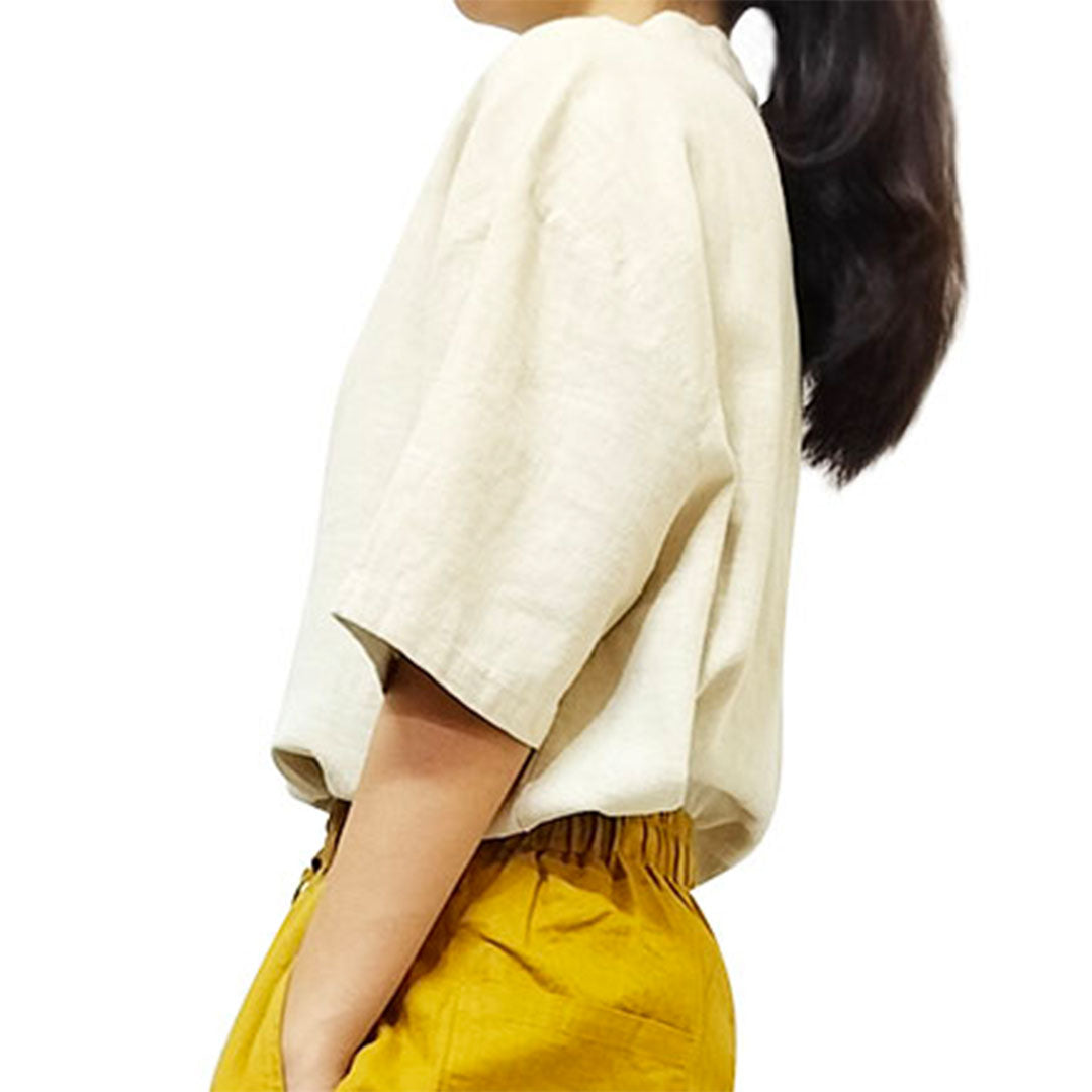 2025 New cotton-linen women's clothing, linen stand-collar color-blocking button-up pullover, plus-size women's cotton-linen shirt