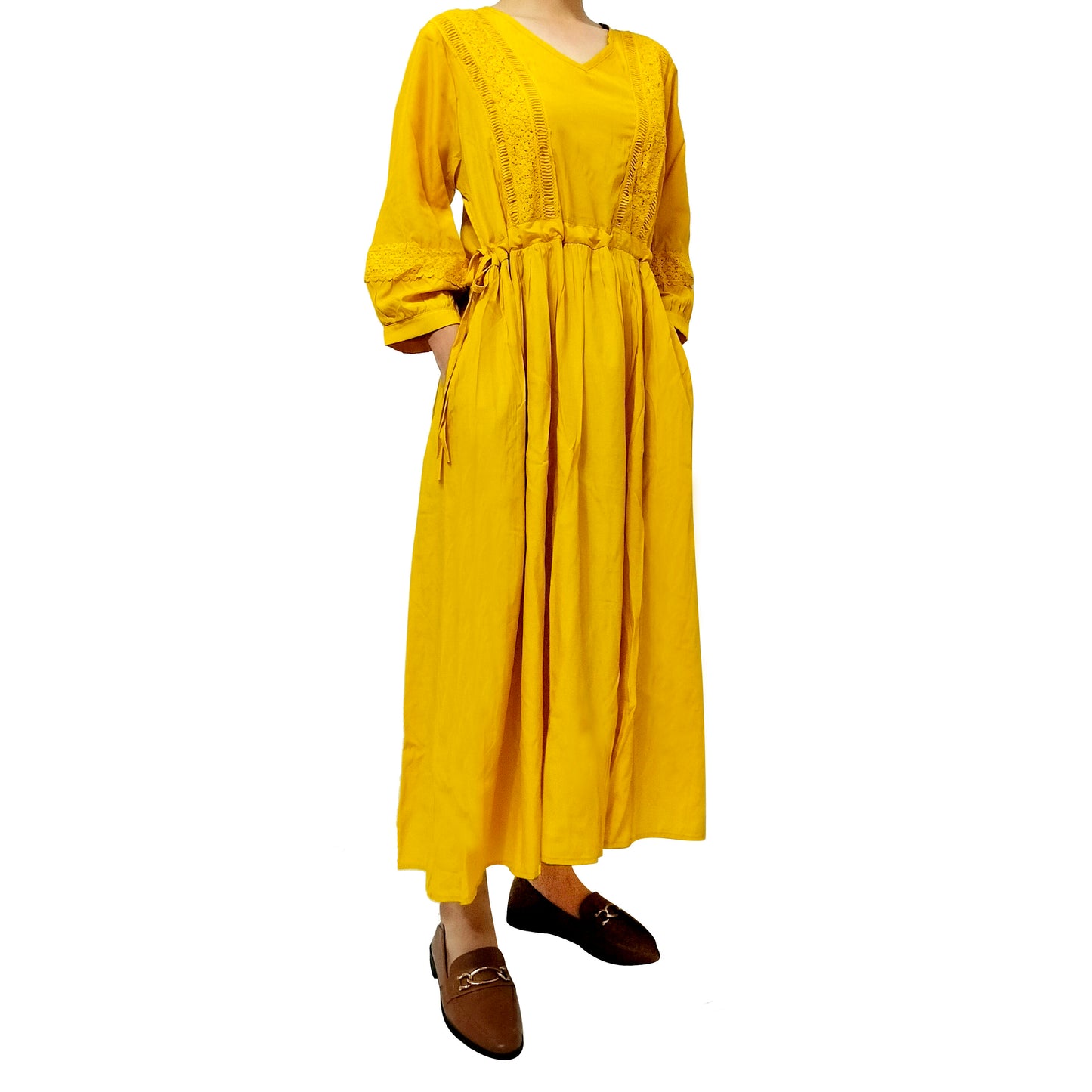 Comfortable, Stylish, and Minimalistic Seven-Quarter Sleeve Artistic Belted Maxi Dress with Long V-Neck