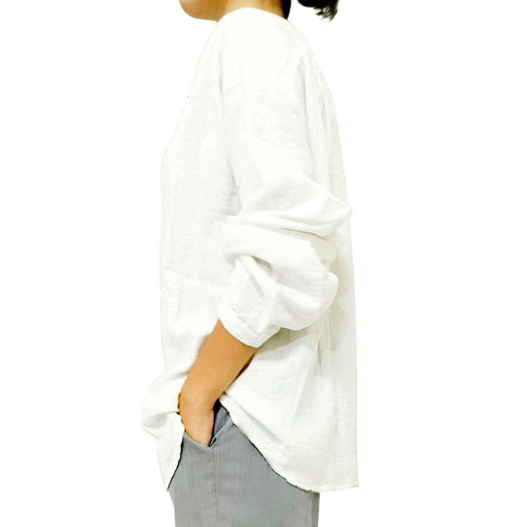 Korean Design High-Collar Cotton Long Sleeve Shirt: Loose, Artistic Top, Vintage Base Shirt, Blouse