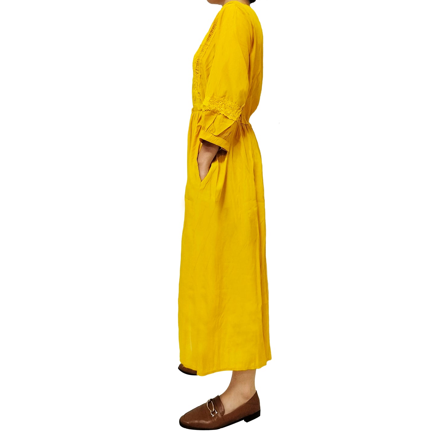 Comfortable, Stylish, and Minimalistic Seven-Quarter Sleeve Artistic Belted Maxi Dress with Long V-Neck