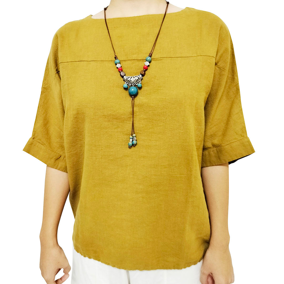 New Women's Cotton Linen Clothing: Vintage Loose-Fit Lightweight Sand-Washed Round Neck Patchwork Short-Sleeve Top in Cotton Linen.