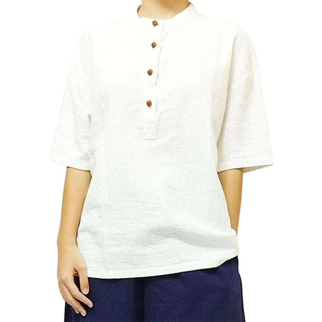 2025 New cotton-linen women's clothing, linen stand-collar color-blocking button-up pullover, plus-size women's cotton-linen shirt