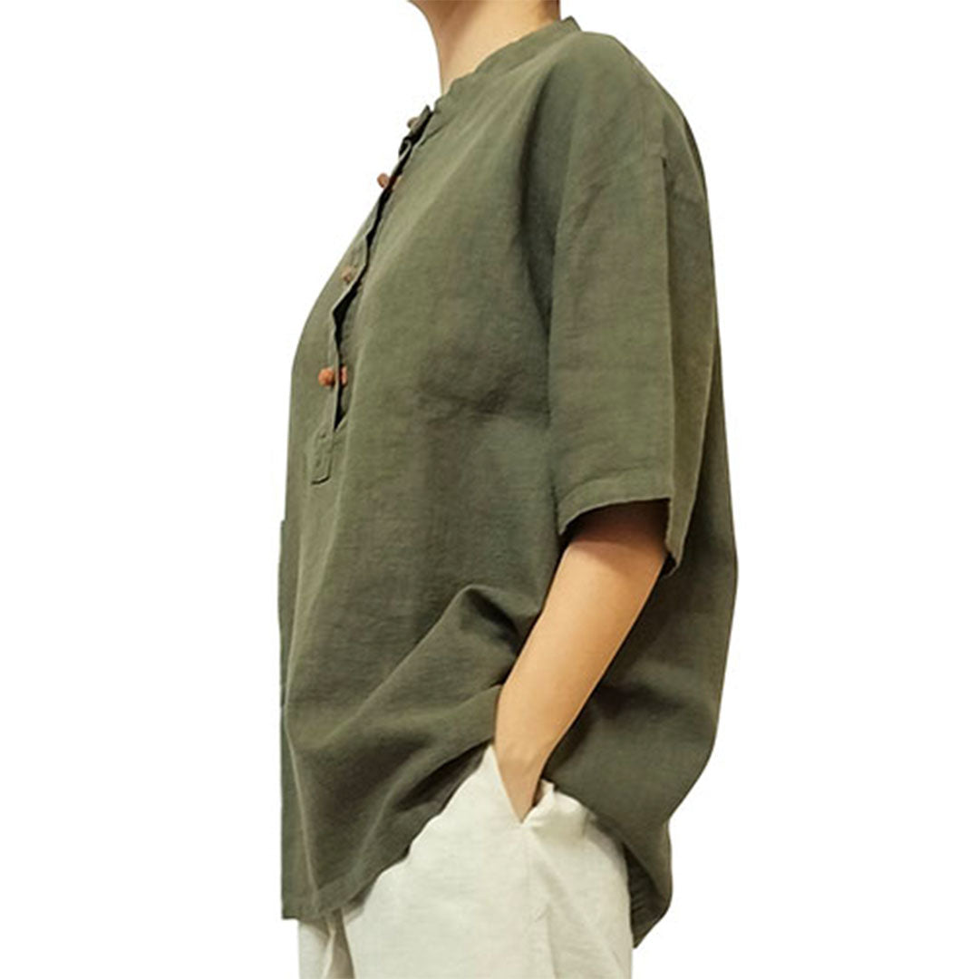 2025 New cotton-linen women's clothing, linen stand-collar color-blocking button-up pullover, plus-size women's cotton-linen shirt