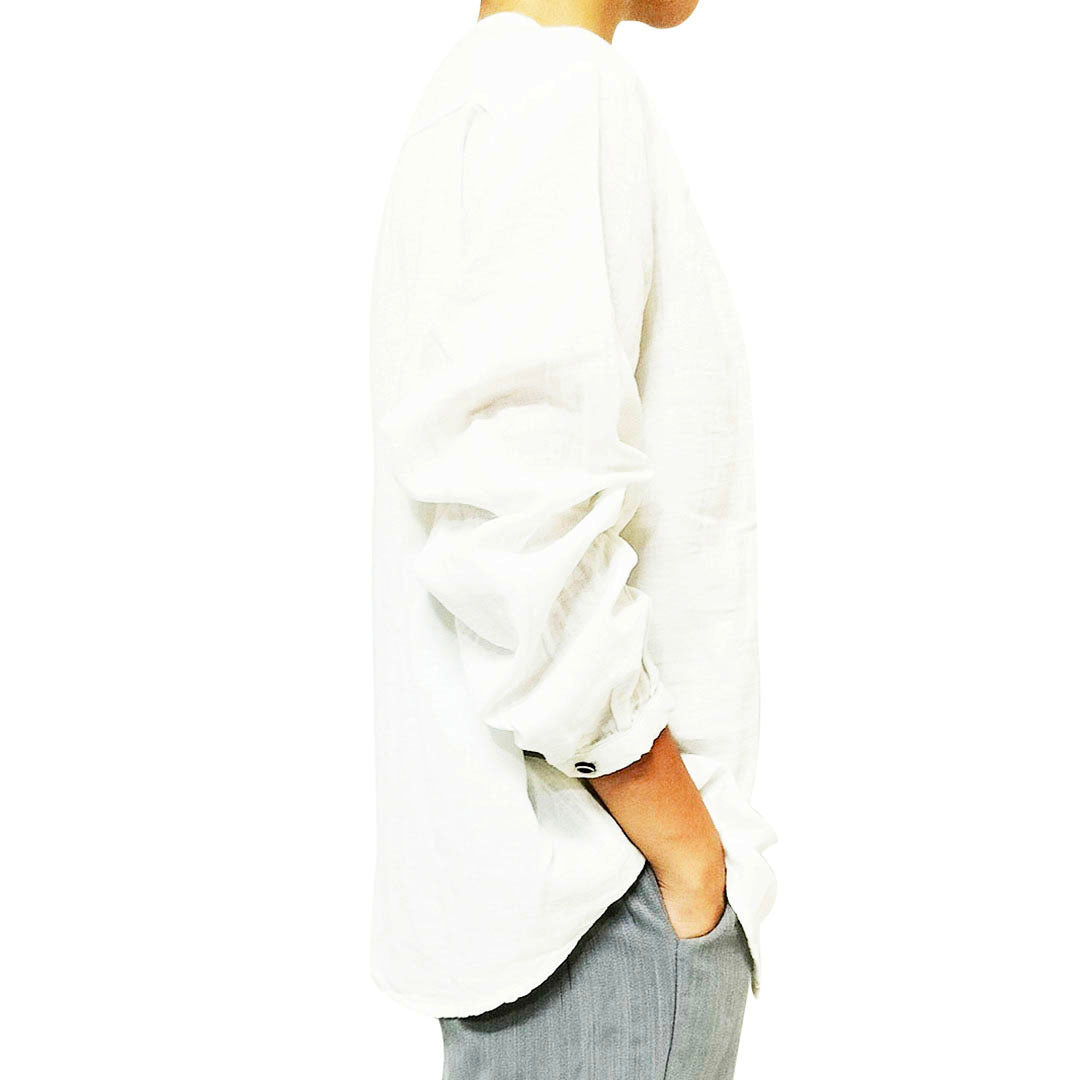 Korean Design High-Collar Cotton Long Sleeve Shirt: Loose, Artistic Top, Vintage Base Shirt, Blouse