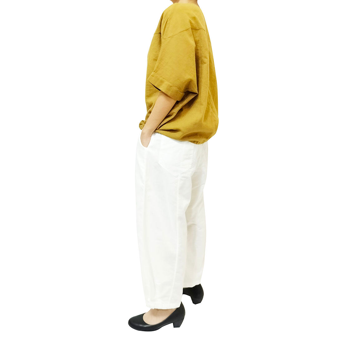 New Women's Cotton Linen Clothing: Vintage Loose-Fit Lightweight Sand-Washed Round Neck Patchwork Short-Sleeve Top in Cotton Linen.