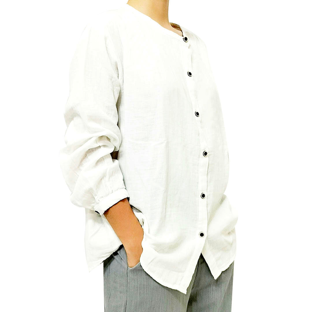 Korean Design High-Collar Cotton Long Sleeve Shirt: Loose, Artistic Top, Vintage Base Shirt, Blouse