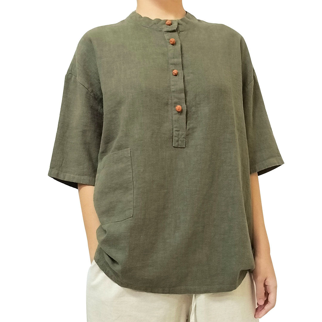 2025 New cotton-linen women's clothing, linen stand-collar color-blocking button-up pullover, plus-size women's cotton-linen shirt