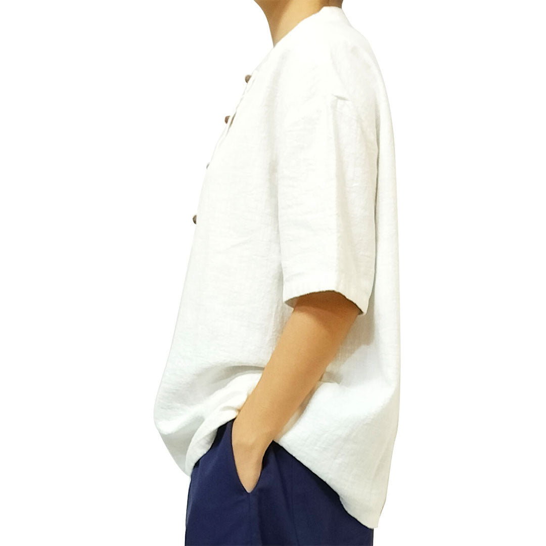 2025 New cotton-linen women's clothing, linen stand-collar color-blocking button-up pullover, plus-size women's cotton-linen shirt