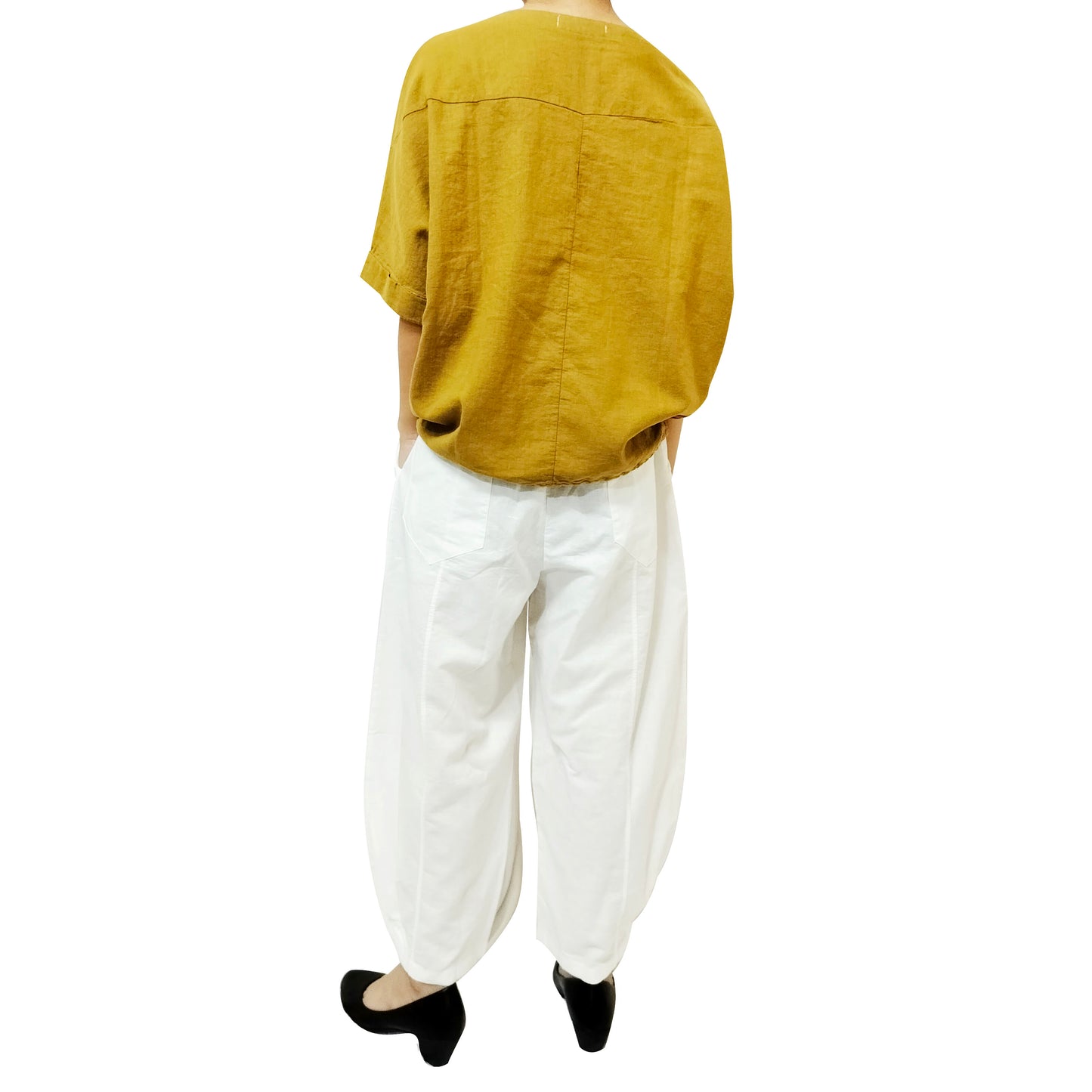 New Women's Cotton Linen Clothing: Vintage Loose-Fit Lightweight Sand-Washed Round Neck Patchwork Short-Sleeve Top in Cotton Linen.