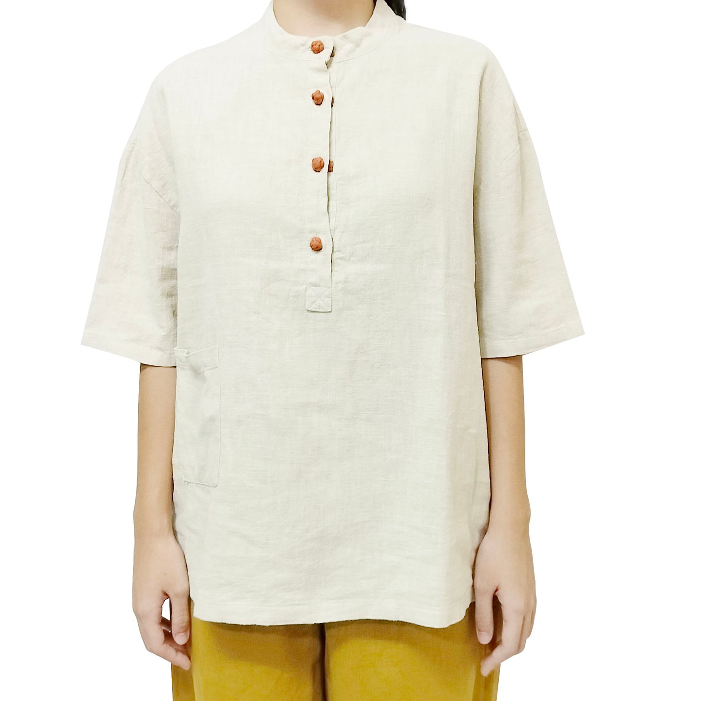 2025 New cotton-linen women's clothing, linen stand-collar color-blocking button-up pullover, plus-size women's cotton-linen shirt