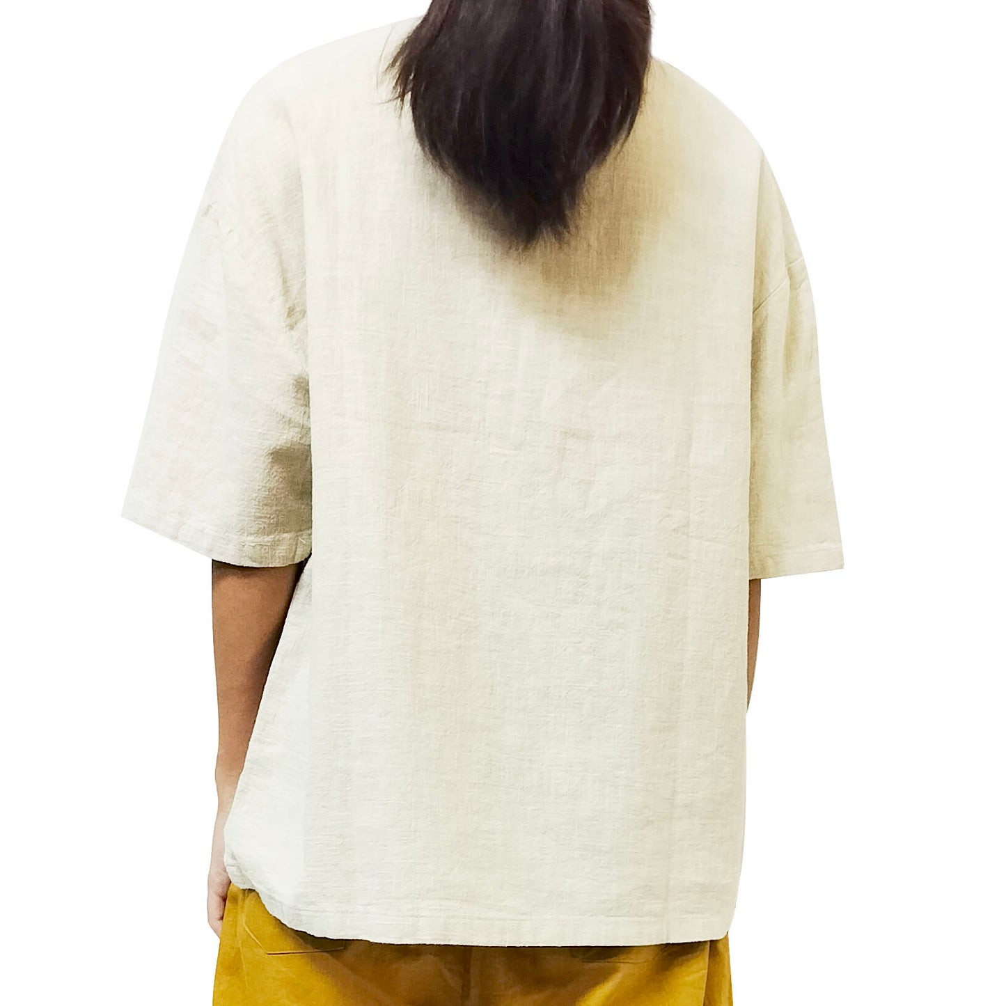 2025 New cotton-linen women's clothing, linen stand-collar color-blocking button-up pullover, plus-size women's cotton-linen shirt