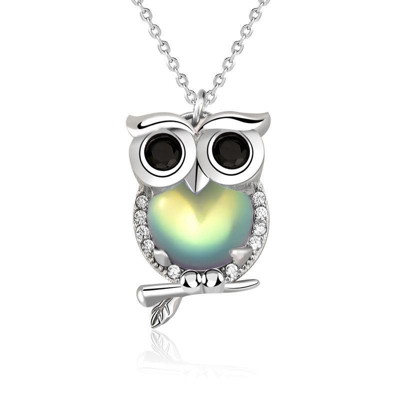S925 Sterling Silver Owl Necklace: Unique European Forest Design with Moonstone Pendant
