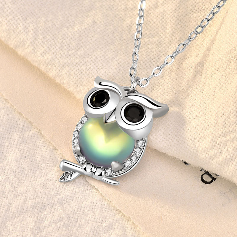 S925 Sterling Silver Owl Necklace: Unique European Forest Design with Moonstone Pendant