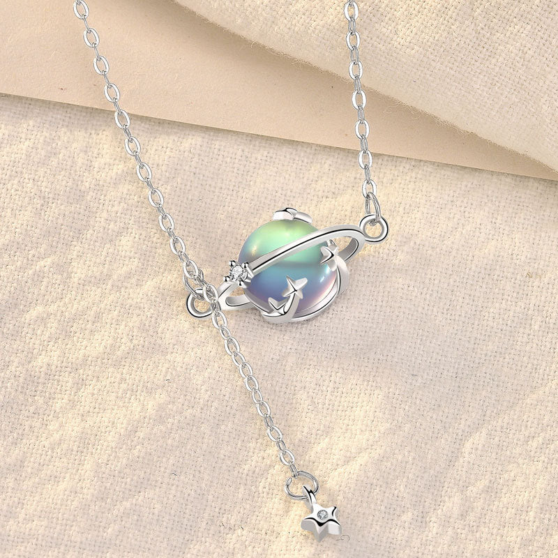 S925 Sterling Silver Moonstone Planet Necklace: Unique Forest Design