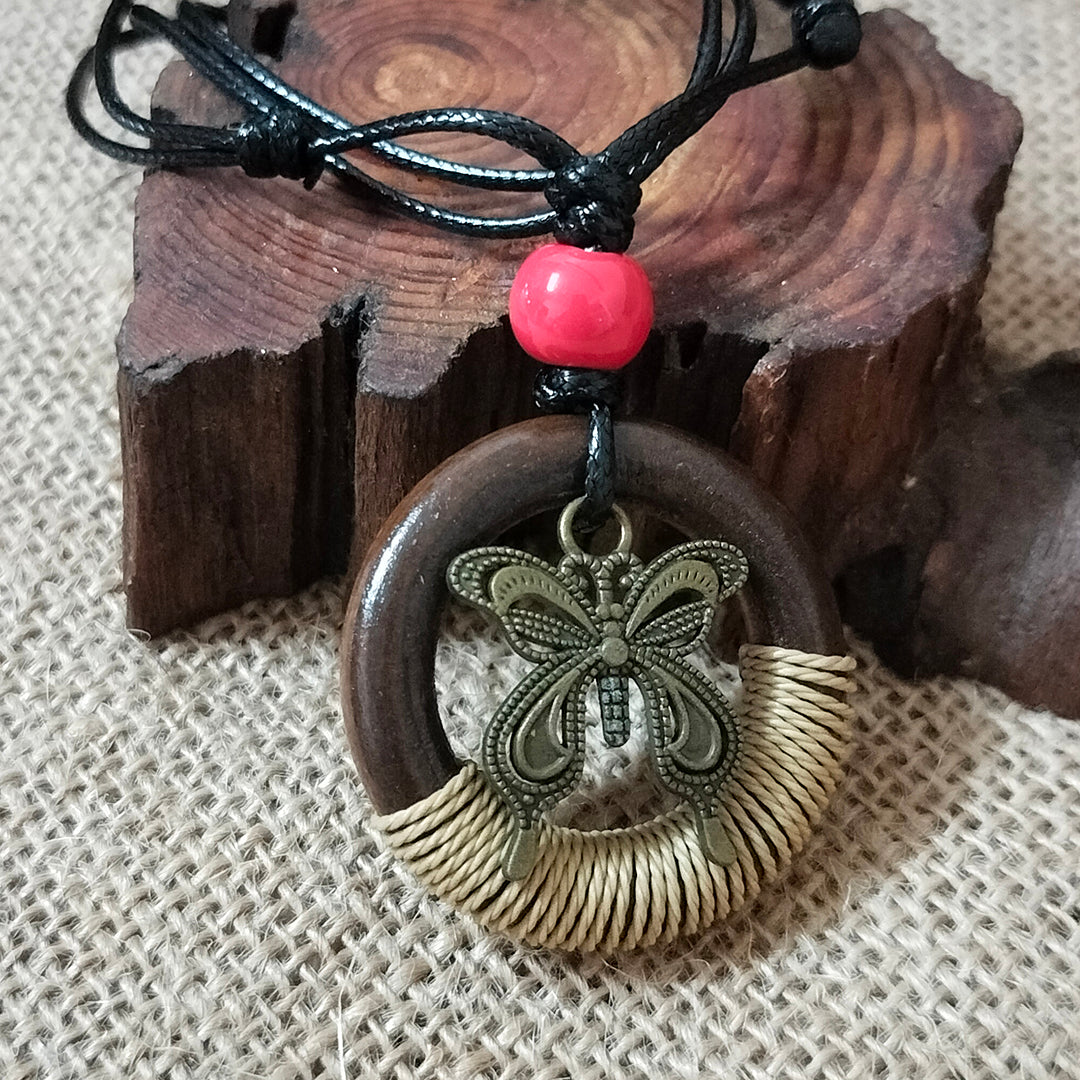 Vintage Wooden Circle Butterfly Tassel Necklace
