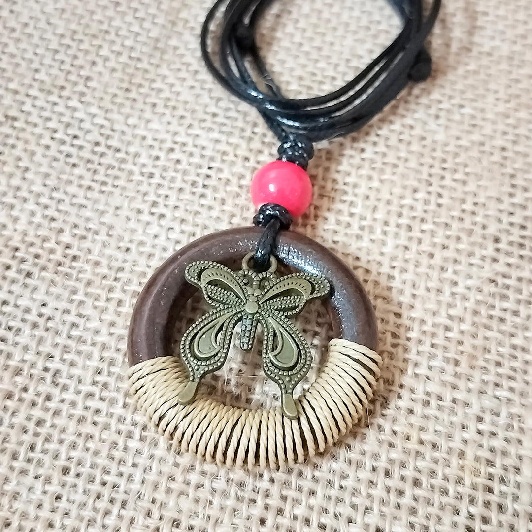 Vintage Wooden Circle Butterfly Tassel Necklace