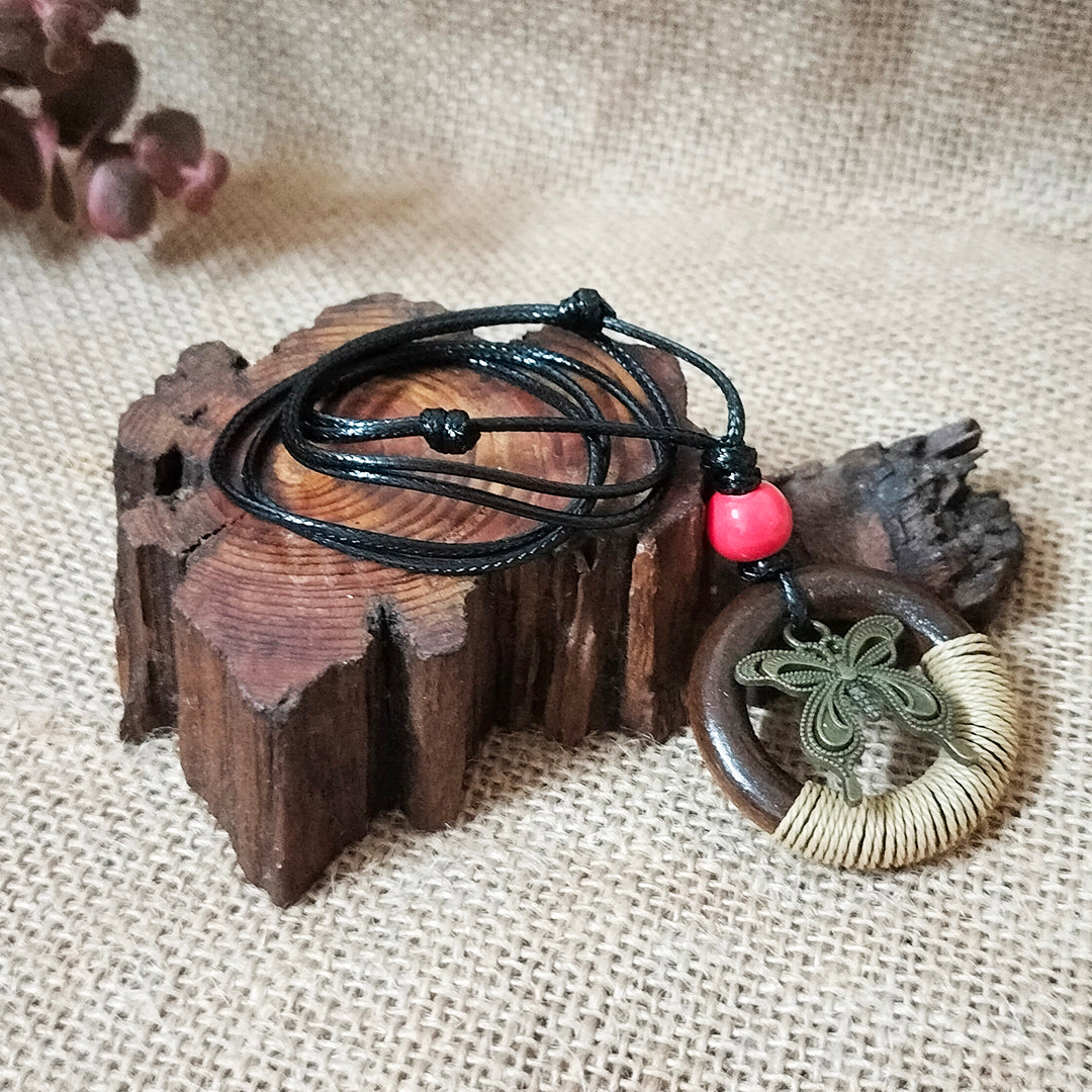 Vintage Wooden Circle Butterfly Tassel Necklace
