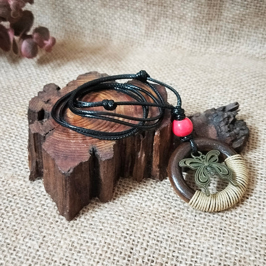 Vintage Wooden Circle Butterfly Tassel Necklace