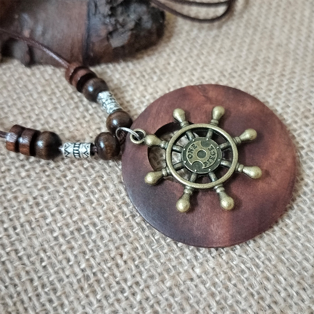 Vintage Ethnic Style Beaded Wooden Hollow Pendant Necklace (Ship's Wheel)