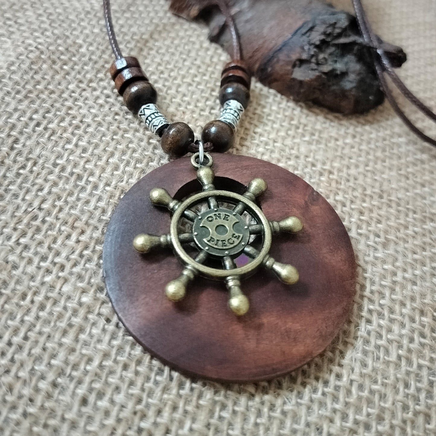 Vintage Ethnic Style Beaded Wooden Hollow Pendant Necklace (Ship's Wheel)