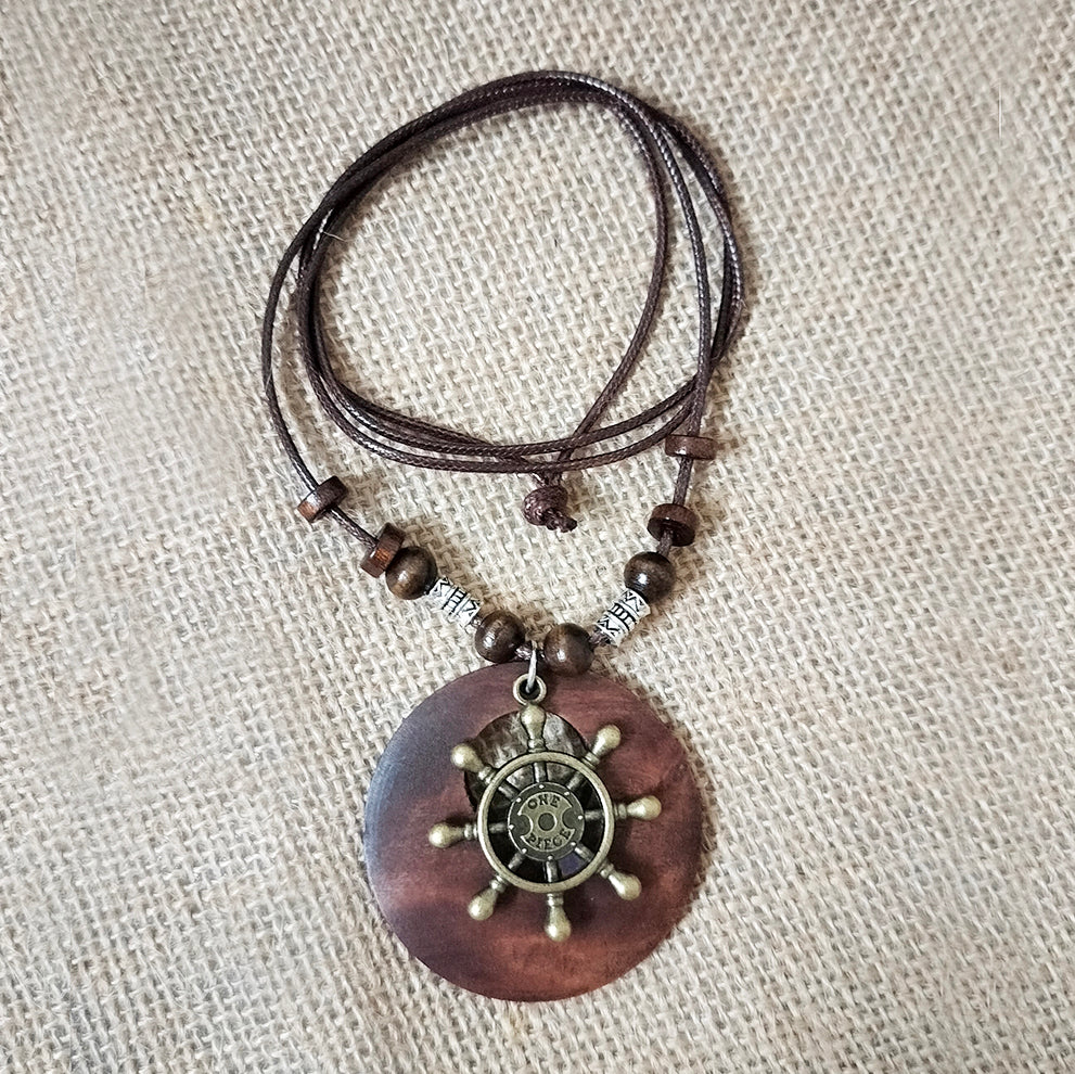 Vintage Ethnic Style Beaded Wooden Hollow Pendant Necklace (Ship's Wheel)
