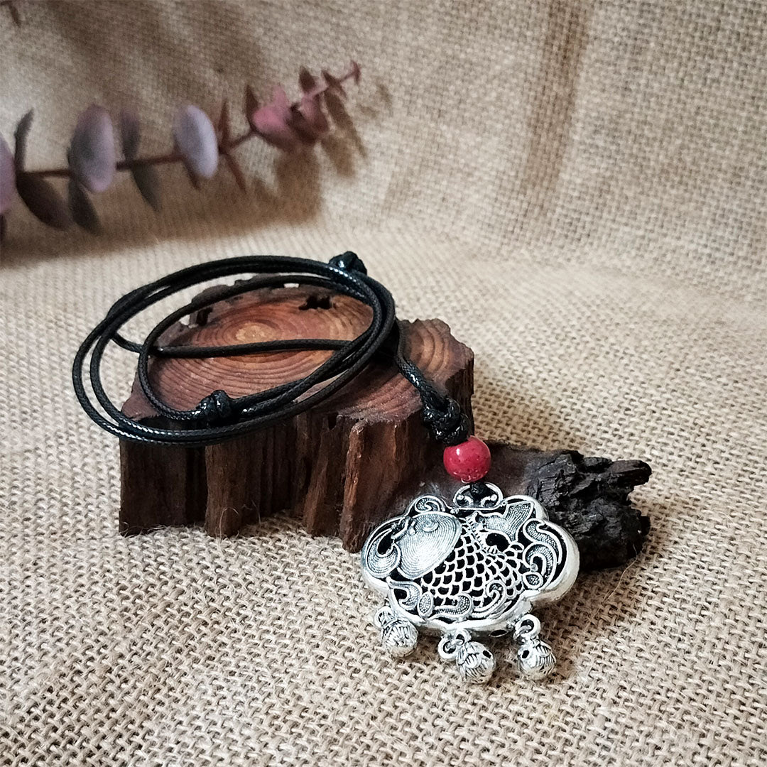 Vintage Tibetan Silver Koi Fish Playing with Lotus Safe Lock Necklace