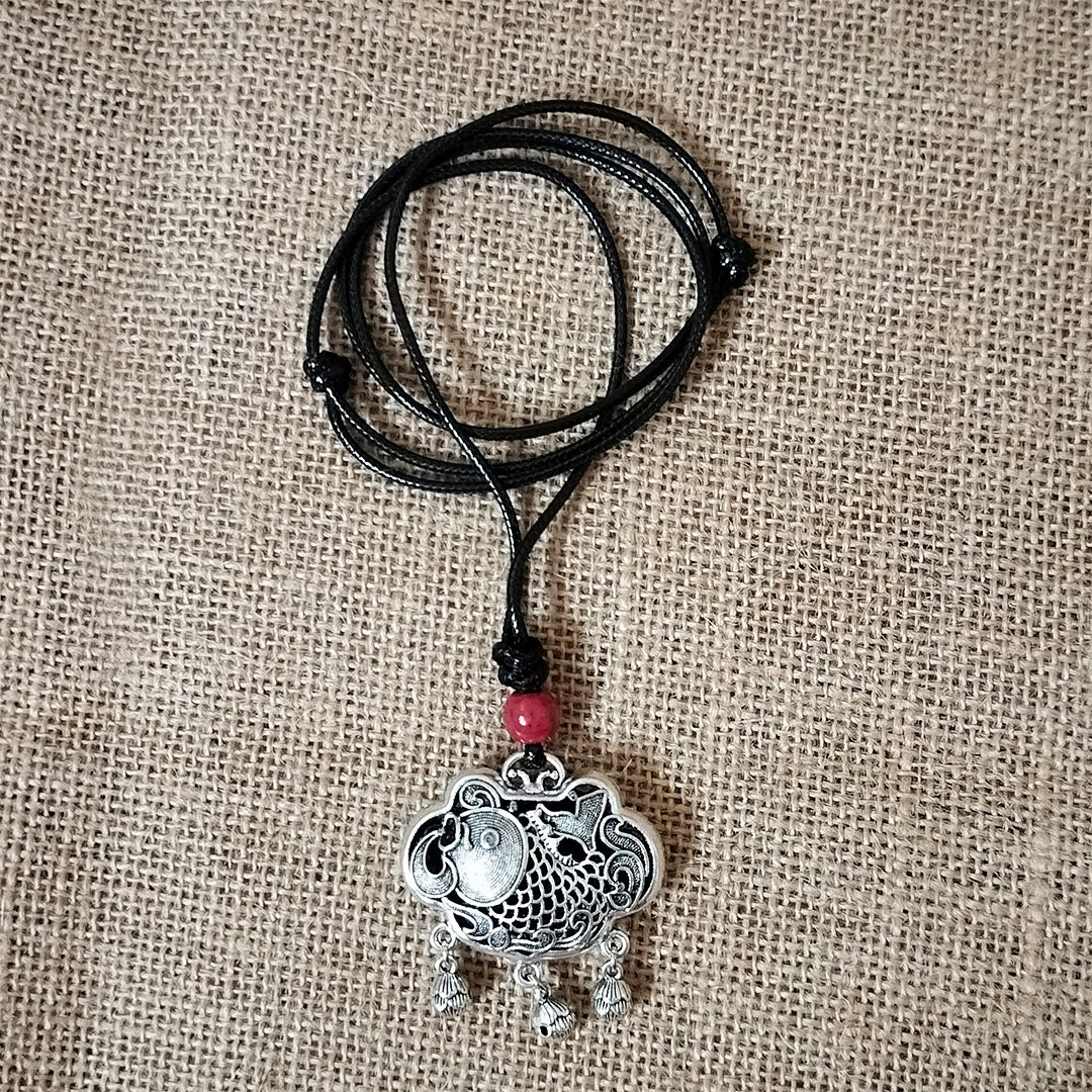 Vintage Tibetan Silver Koi Fish Playing with Lotus Safe Lock Necklace
