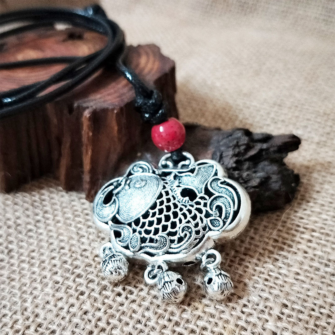Vintage Tibetan Silver Koi Fish Playing with Lotus Safe Lock Necklace