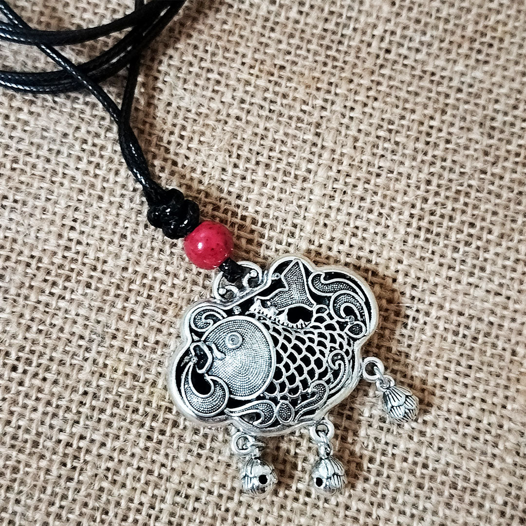 Vintage Tibetan Silver Koi Fish Playing with Lotus Safe Lock Necklace