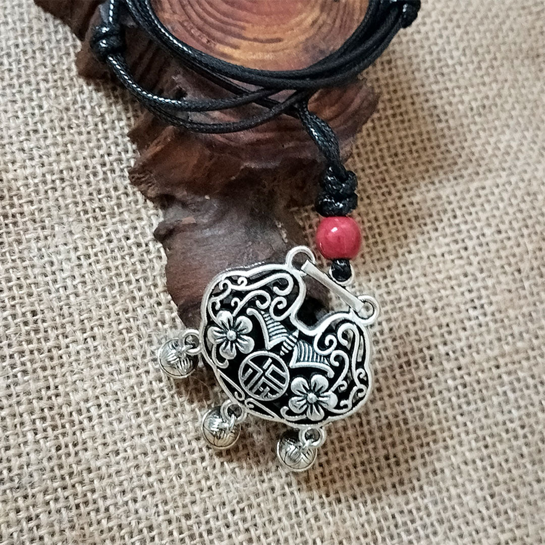 Vintage Tibetan Silver Prosperous Blooms Safe Lock Necklace