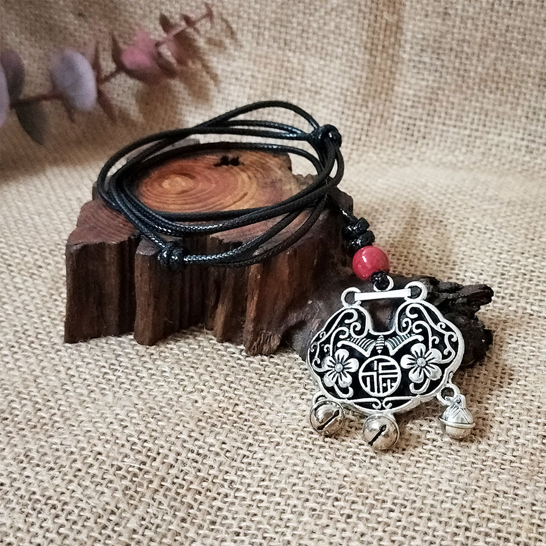Vintage Tibetan Silver Prosperous Blooms Safe Lock Necklace