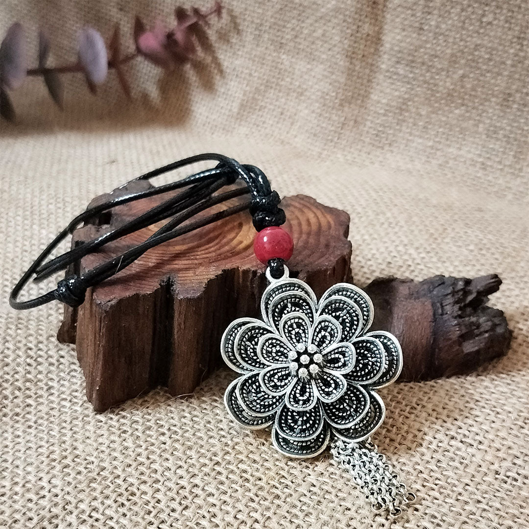 Vintage Tibetan Silver Fortune-Turning Floral Necklace