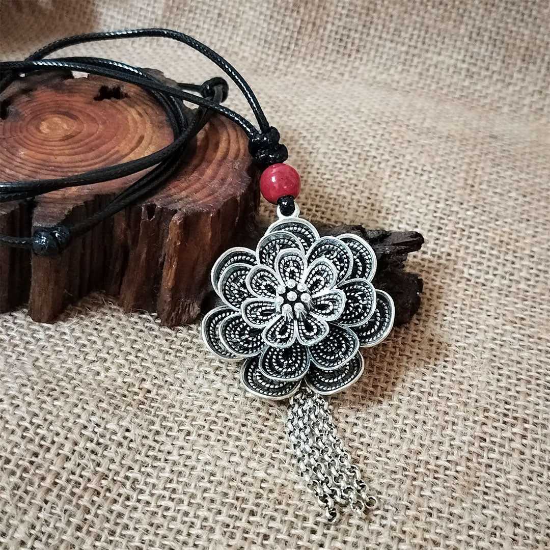 Vintage Tibetan Silver Fortune-Turning Floral Necklace