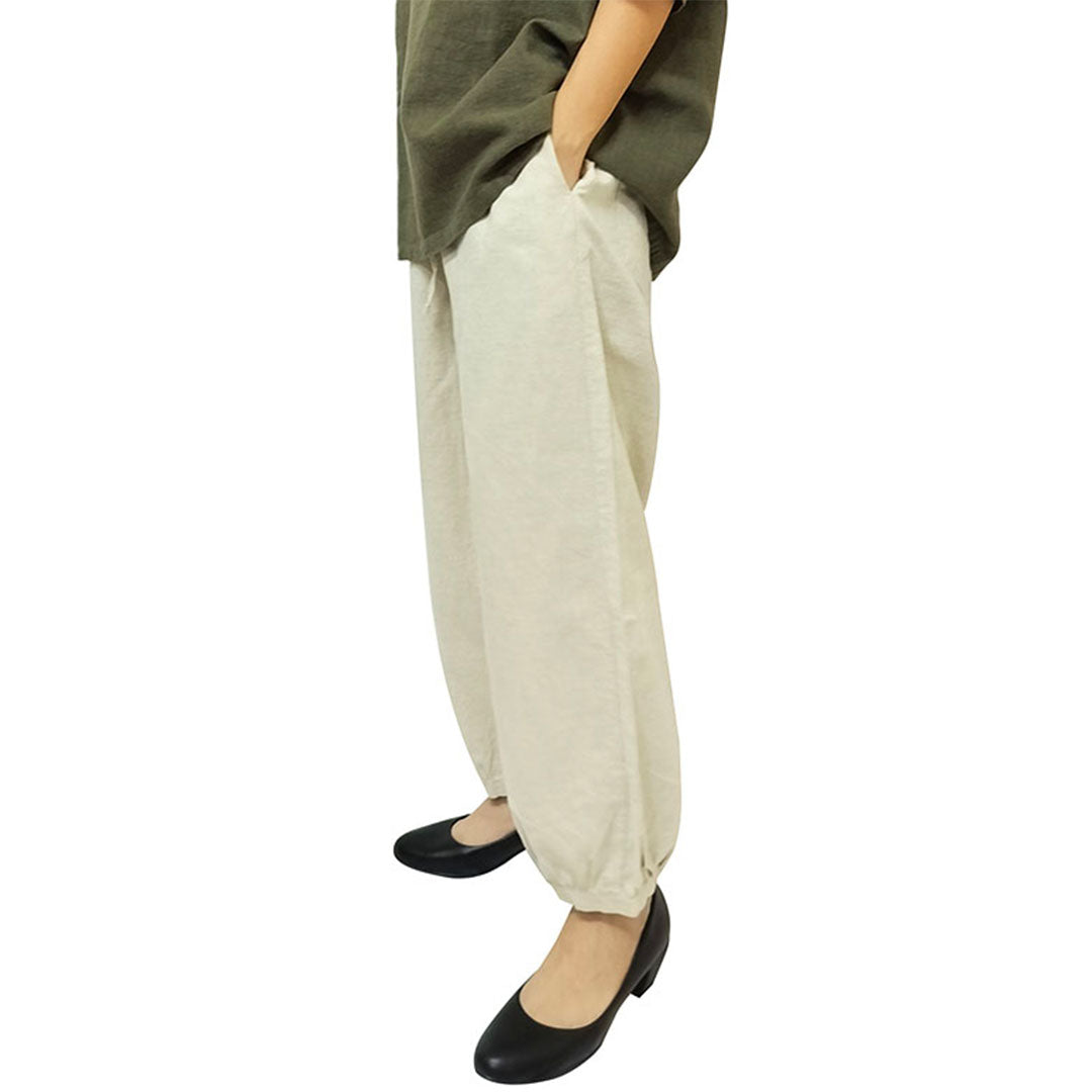 2025 New Collection Cotton-Linen Women’s Fashion Vintage Loose Casual Linen Pants with Elastic Waist and 9/10-Length Lantern Legs