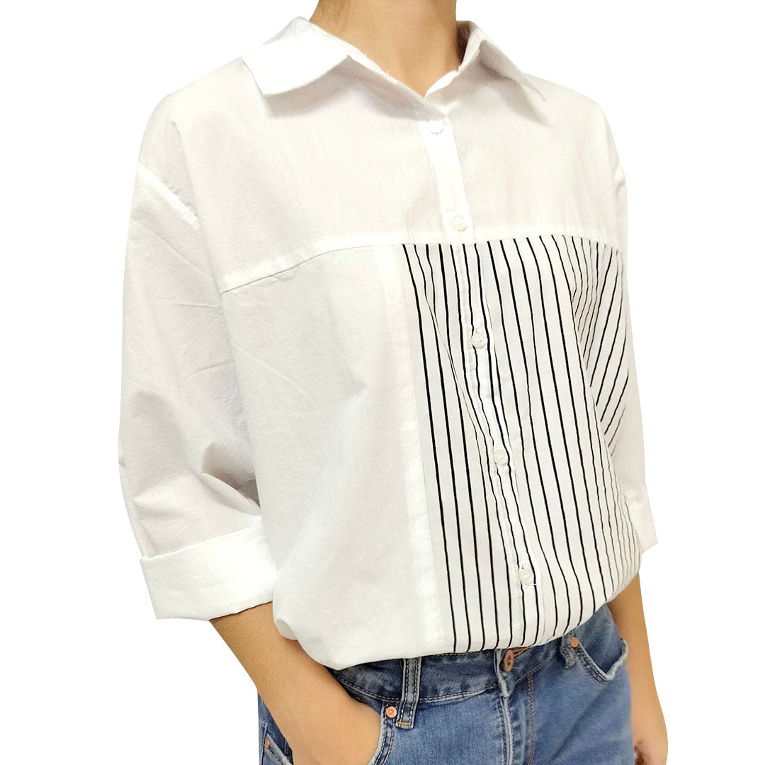 French Striped Shirt: Long Sleeve, Autumn Elegance, High-end, Pure Cotton White Blouse
