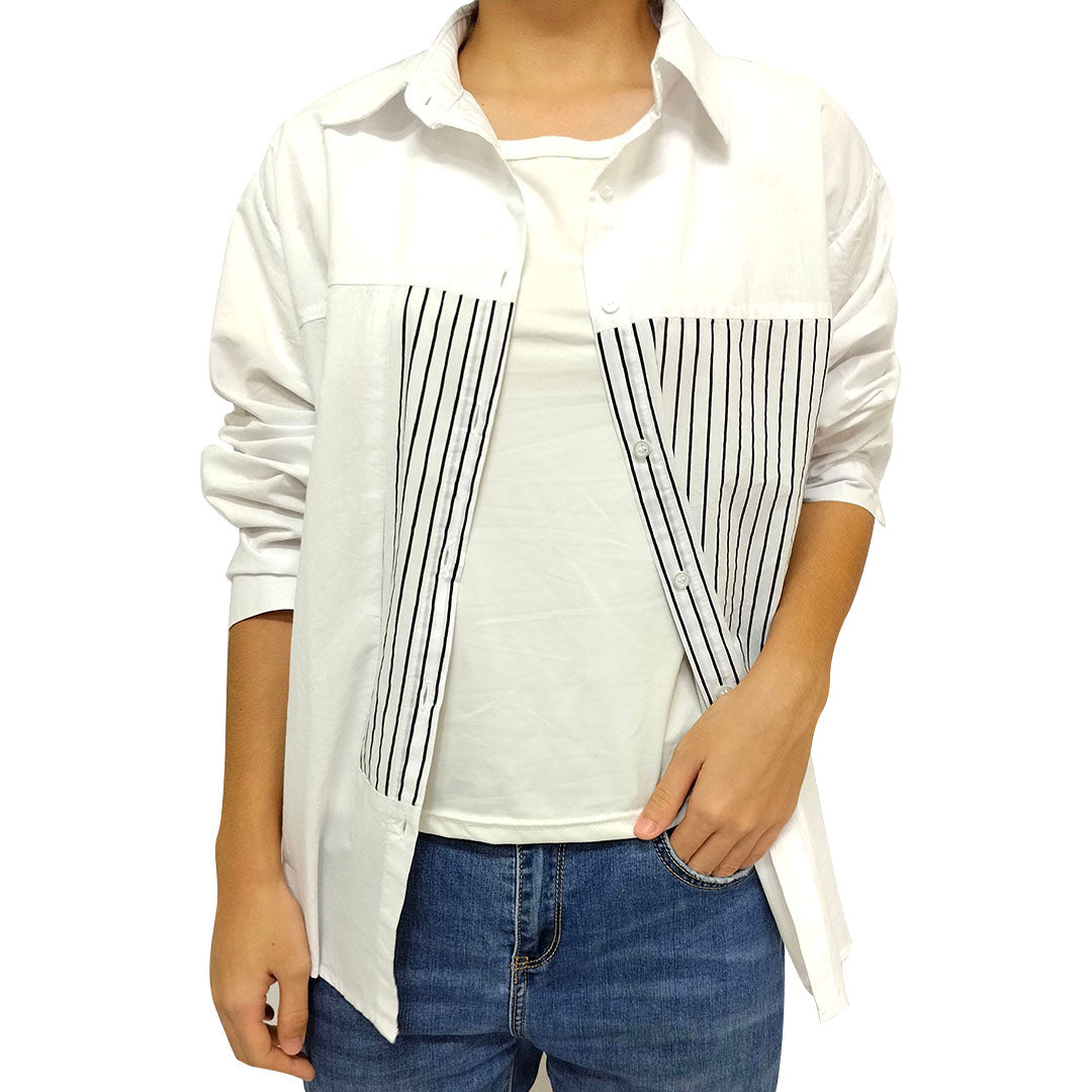 French Striped Shirt: Long Sleeve, Autumn Elegance, High-end, Pure Cotton White Blouse