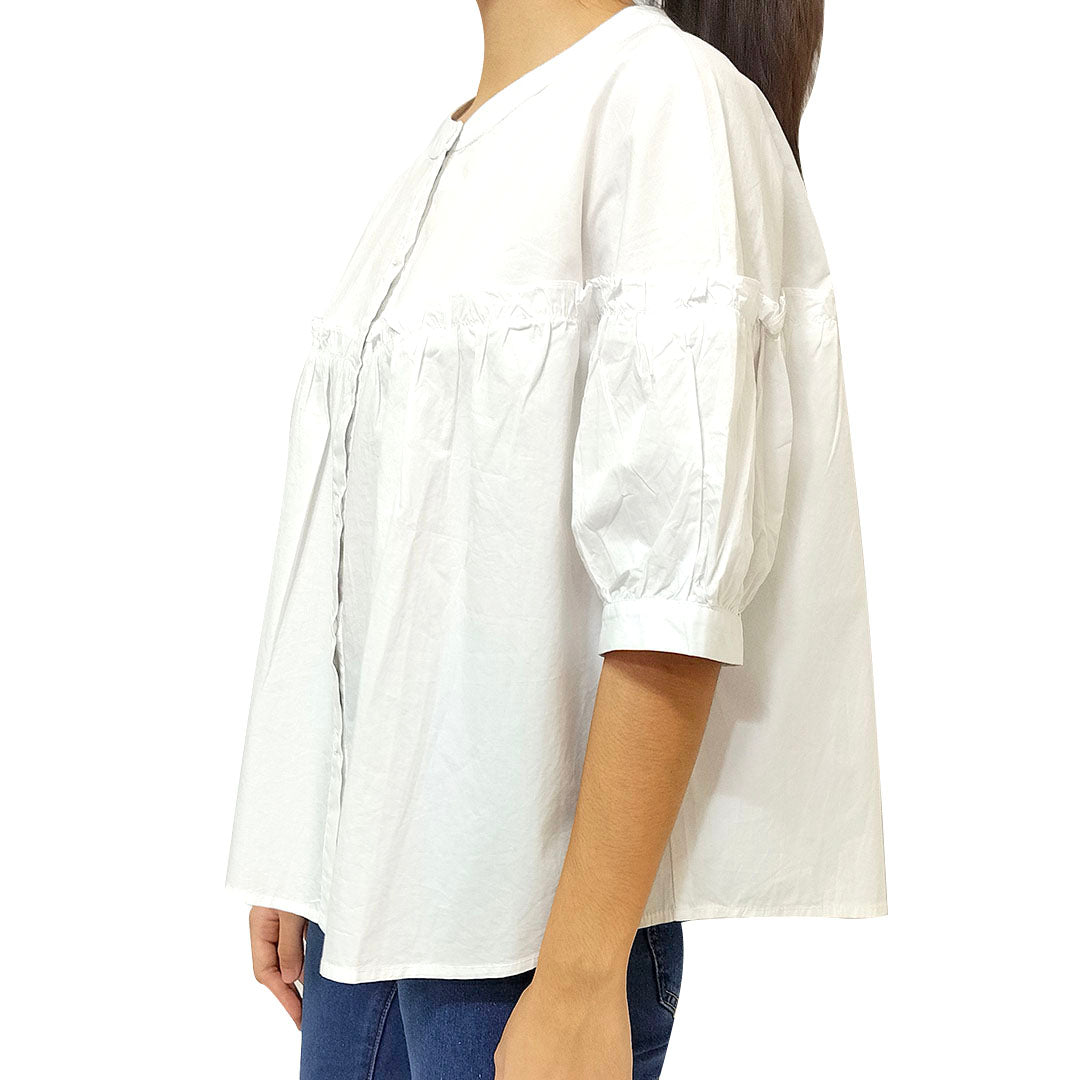 New Summer Korean Style Loose and Sweet Round Neck Women's Half Sleeve White Cotton Shirt