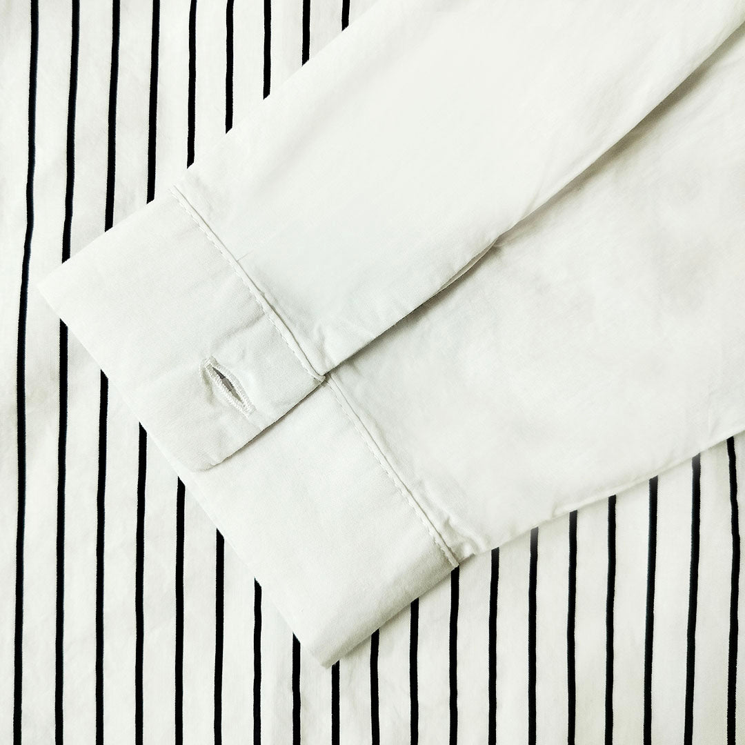 French Striped Shirt: Long Sleeve, Autumn Elegance, High-end, Pure Cotton White Blouse