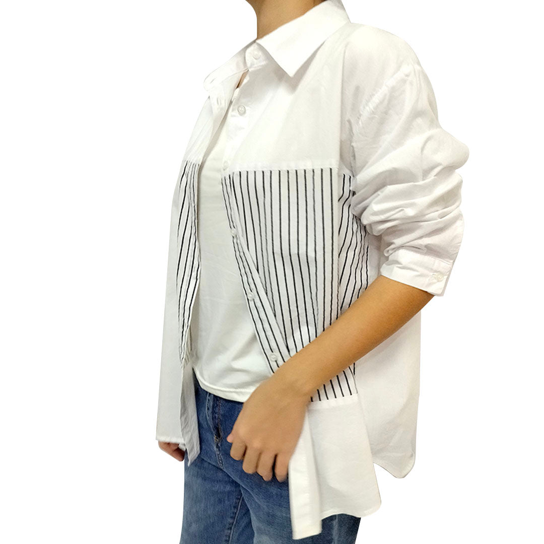 French Striped Shirt: Long Sleeve, Autumn Elegance, High-end, Pure Cotton White Blouse
