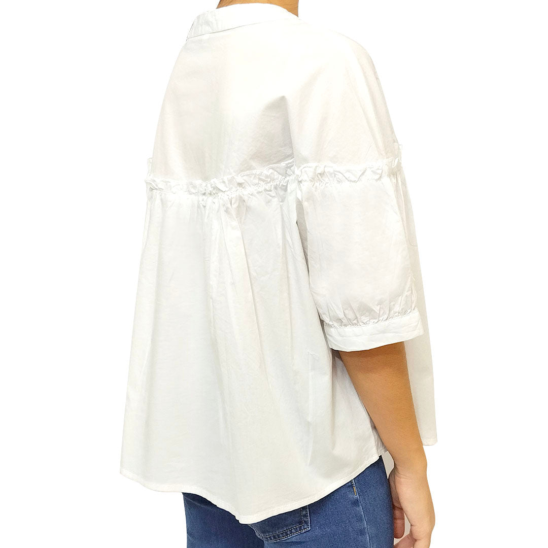 New Summer Korean Style Loose and Sweet Round Neck Women's Half Sleeve White Cotton Shirt
