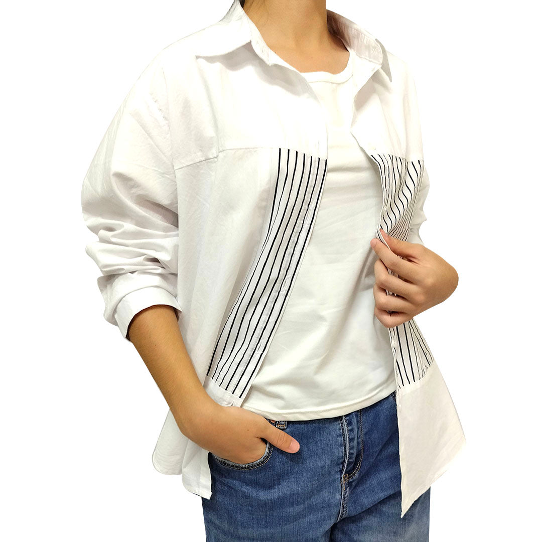 French Striped Shirt: Long Sleeve, Autumn Elegance, High-end, Pure Cotton White Blouse