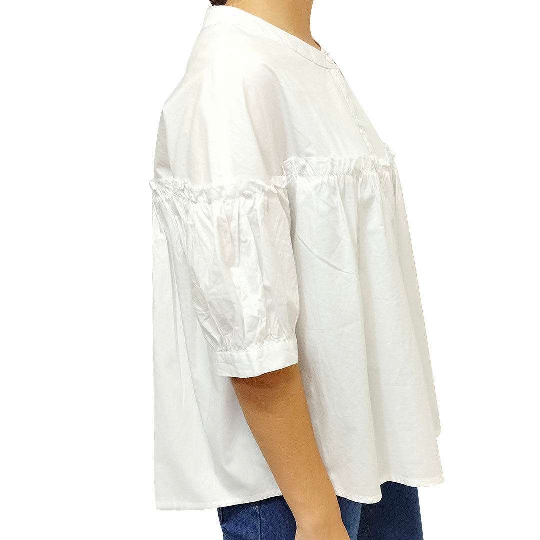 New Summer Korean Style Loose and Sweet Round Neck Women's Half Sleeve White Cotton Shirt