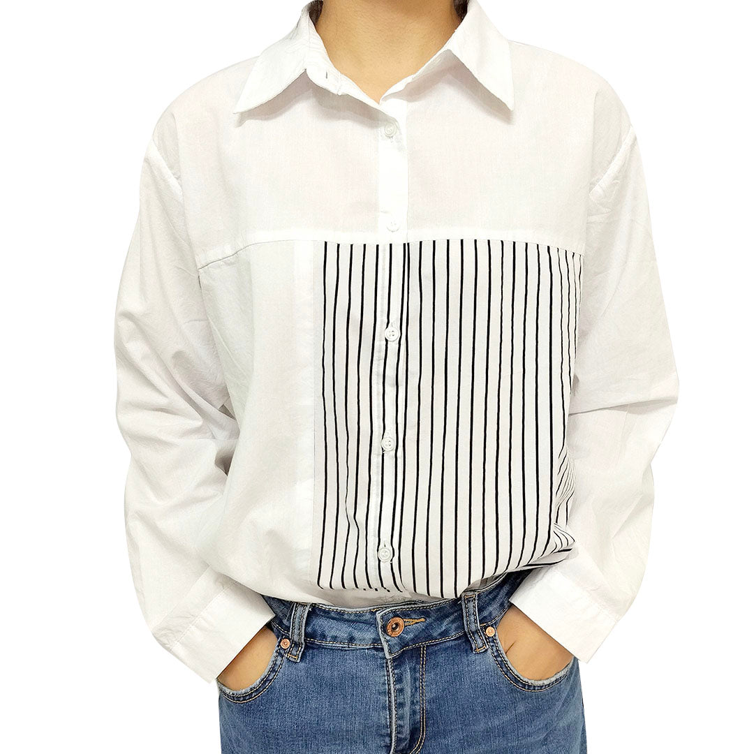 French Striped Shirt: Long Sleeve, Autumn Elegance, High-end, Pure Cotton White Blouse