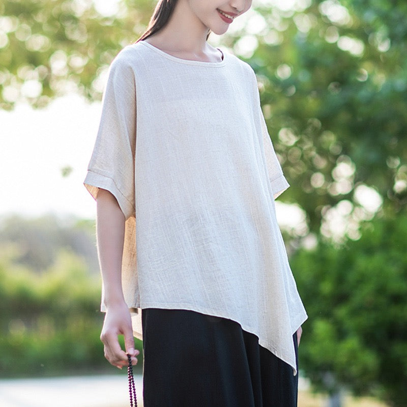 2025 Summer Artistic Linen Batwing Sleeve T-Shirt for Women with Irregular Design
